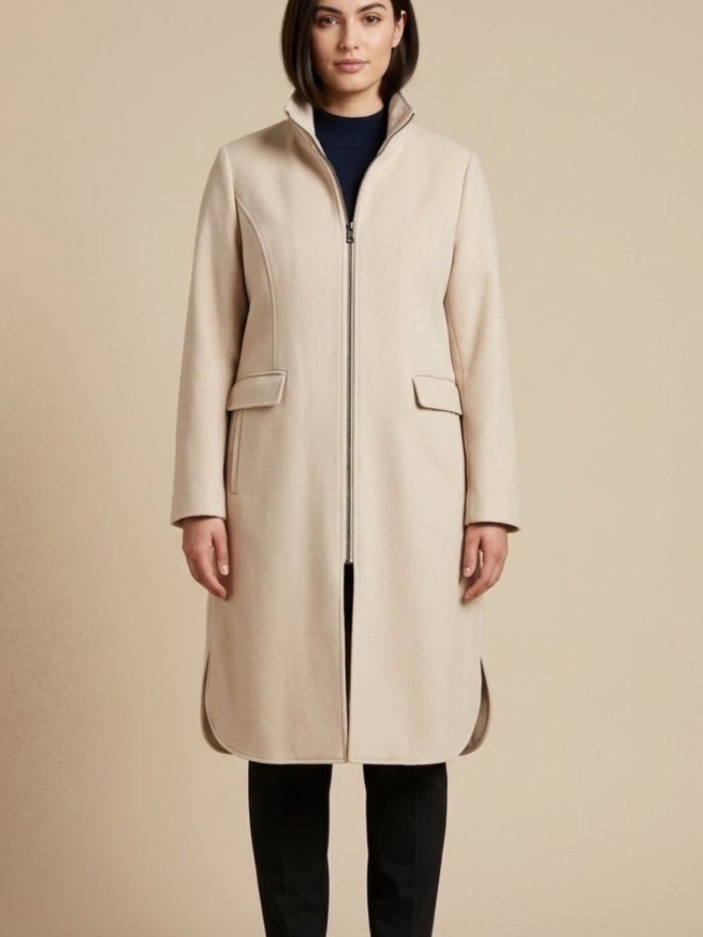 Brian Bailey Structured Zip Front Long Car Coat Oatmeal Cream XXL